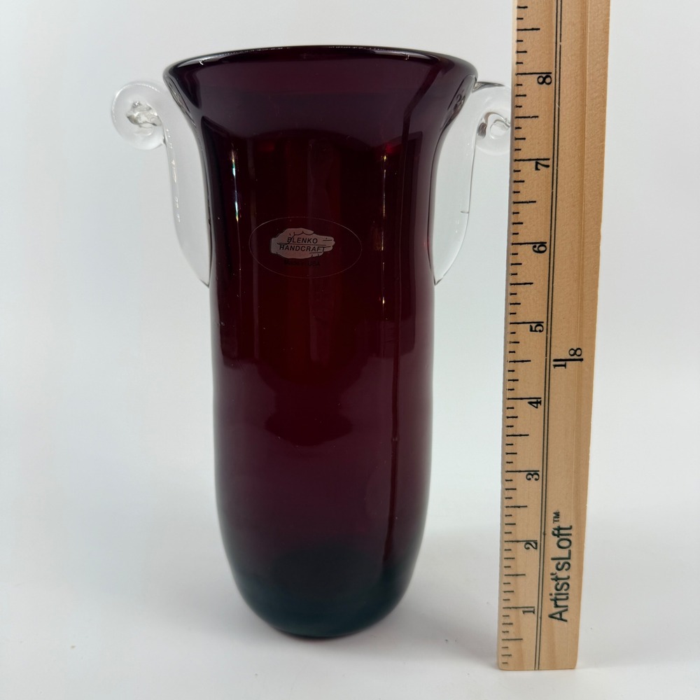 Blenko Ruby Red Glass Vase Non-Catalog Applied Clear Scroll Handles Silver Label - Picture 9 of 10